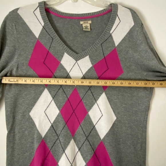 Izod Womens Gray & Pink V-Neck Argyle Golf Sweater SzL (sku153) - Picture 5 of 13